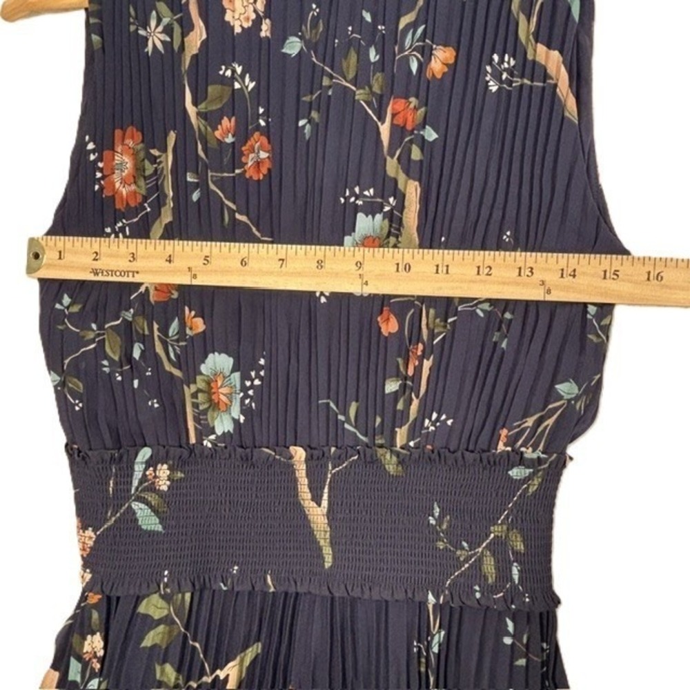 Nanette Lepore Pleated Midi Dress Women 6 Navy Blue Floral Smocked Waist - Picture 5 of 15